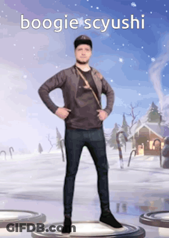 A Man Is Standing In The Snow With His Hands On His Hips And The Words Boogie Scyushi Written Above Him GIF
