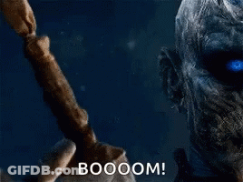A Man Is Standing In The Water With His Arms Outstretched And The Words `` Booom '' Written On The Bottom . GIF
