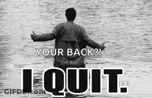 A Man Is Standing In The Water With His Arms Outstretched And The Words `` Your Back ? I Quit '' . GIF