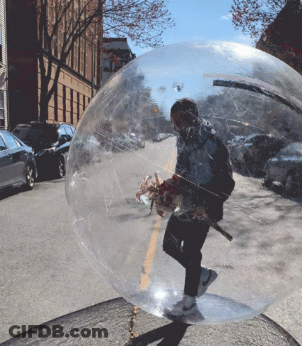 A Man Is Standing Inside Of A Clear Bubble Holding Flowers GIF