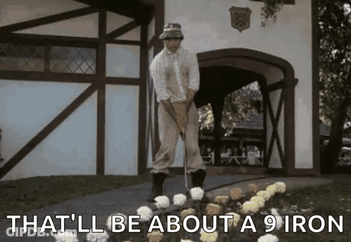 A Man Is Standing Next To A Bunch Of Flowers With The Words That 'Ll Be About A 9 Iron Below Him GIF