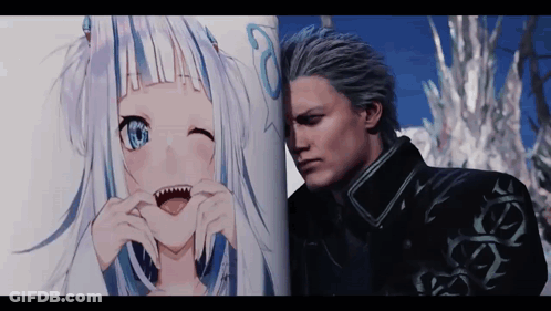 A Man Is Standing Next To A Drawing Of A Girl Making A Heart With Her Mouth . GIF