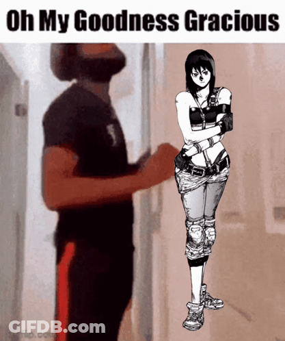 A Man Is Standing Next To A Drawing Of A Girl With The Words Oh My Goodness Gracious GIF