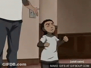 A Man Is Standing Next To A Little Boy In A Room And Holding His Hand Out . GIF