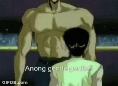 A Man Is Standing Next To A Muscular Man In A Cartoon And Asking Him If He Is Gentle Gentle . GIF