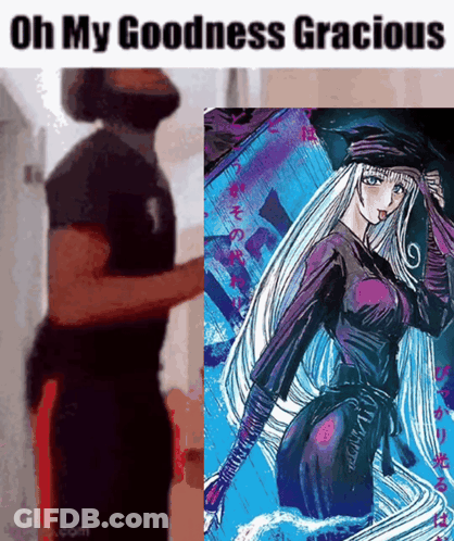 A Man Is Standing Next To A Picture Of A Woman With Long White Hair And A Caption That Says Oh My Goodness Gracious GIF