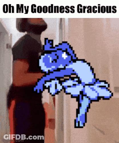 A Man Is Standing Next To A Pixel Art Of A Cat With The Words Oh My Goodness Gracious GIF