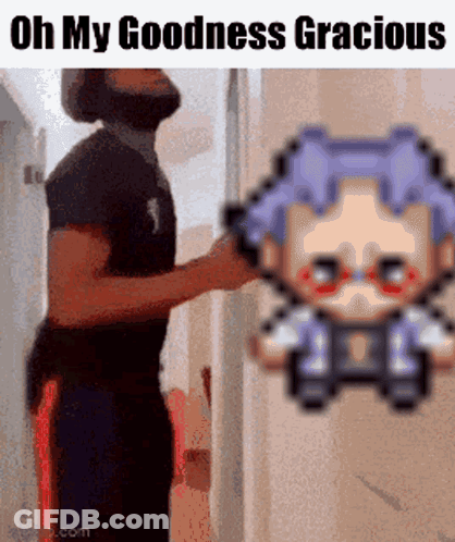 A Man Is Standing Next To A Pixelated Character That Says Oh My Goodness Gracious . GIF