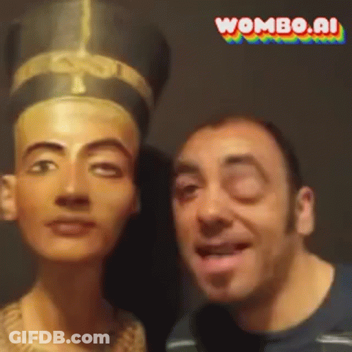 A Man Is Standing Next To A Statue Of A Woman With Wombo.ai Written In The Corner GIF