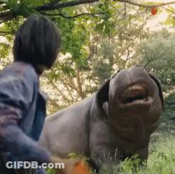 A Man Is Standing Next To A Stuffed Animal That Looks Like A Pig With Its Mouth Open . GIF