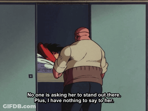 A Man Is Standing Next To A Woman In A Closet And Says No One Is Asking Her To Stand Out GIF