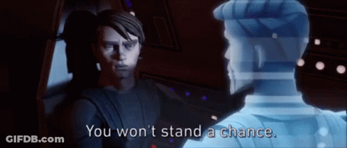 A Man Is Standing Next To Another Man With The Words `` You Won 'T Stand A Chance '' Written On The Screen . GIF