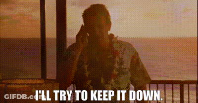 A Man Is Standing On A Balcony Talking On A Cell Phone And Saying `` I 'Ll Try To Keep It Down '' GIF