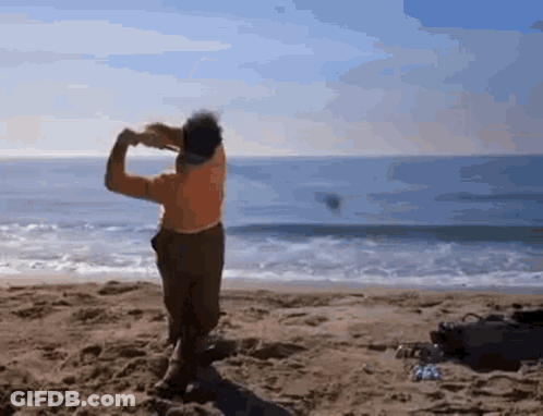 A Man Is Standing On A Beach Looking Out To The Ocean . GIF