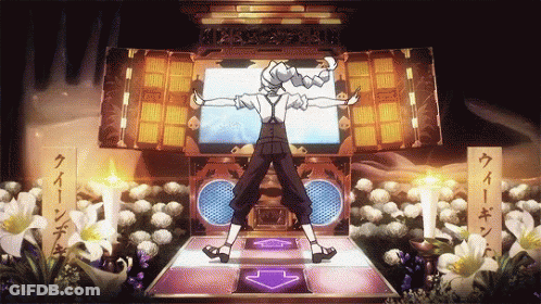 A Man Is Standing On A Dance Floor With A Purple Arrow Pointing To The Left GIF