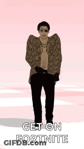 A Man Is Standing On A Pink Background With The Words `` Get On Fortnite '' Written On It . GIF