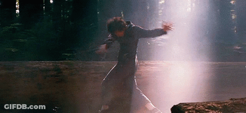 A Man Is Standing On A Rock In The Woods With His Arms Outstretched In The Dark . GIF