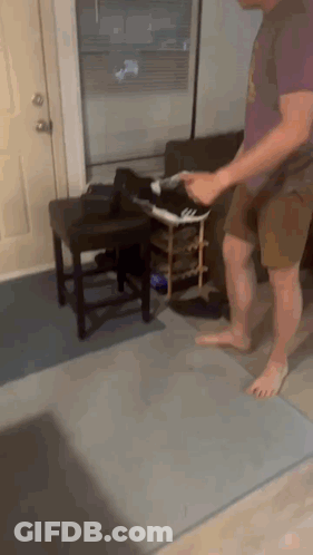 A Man Is Standing On A Rug In A Living Room Holding A Pair Of Shoes GIF