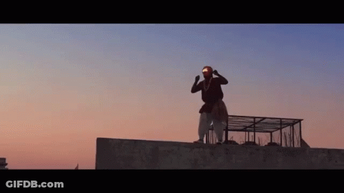 A Man Is Standing On Top Of A Building With His Arms In The Air . GIF