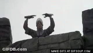 A Man Is Standing On Top Of A Stone Wall Holding A Sword In His Hand . GIF