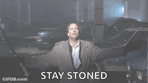 A Man Is Standing With His Arms Outstretched And The Words `` Stay Stoned '' Written On The Screen . GIF