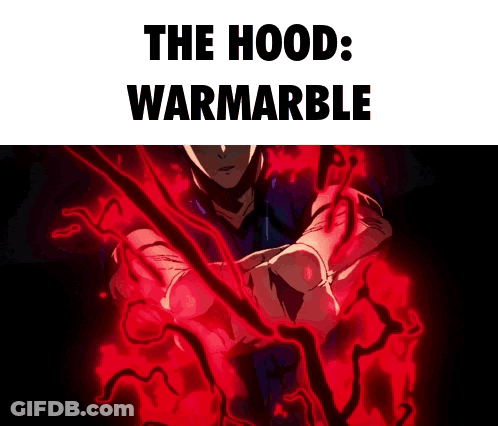 A Man Is Surrounded By Red Flames And The Words `` The Hood : Warmarble '' . GIF