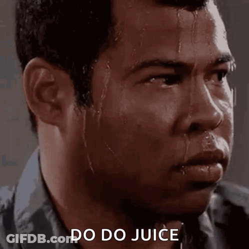 A Man Is Sweating And Looking At The Camera With The Words `` Do Do Juice '' Written Above Him . GIF