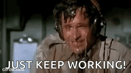 A Man Is Sweating While Wearing Headphones And Says `` Just Keep Working ! '' GIF