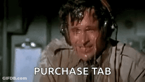 A Man Is Sweating While Wearing Headphones And The Words `` Purchase Tab '' Are On The Screen . GIF
