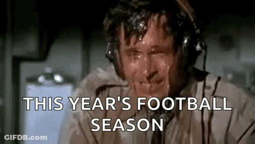 A Man Is Sweating While Wearing Headphones And The Words `` This Year 'S Football Season '' Are Written Above Him . GIF