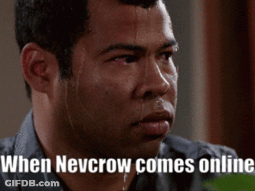 A Man Is Sweating With The Words When Nevcrow Comes Online Below Him GIF