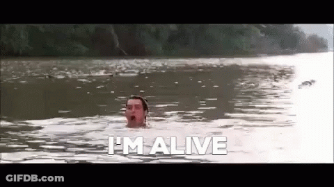 A Man Is Swimming In A Body Of Water And Says `` I 'M Alive '' . GIF