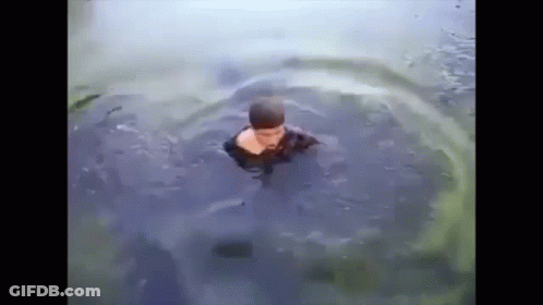 A Man Is Swimming In A Body Of Water With A Turtle Behind Him . GIF