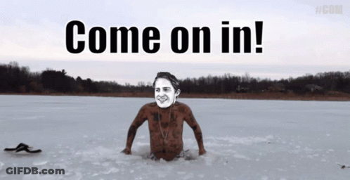 A Man Is Swimming In A Lake With The Words Come On In GIF