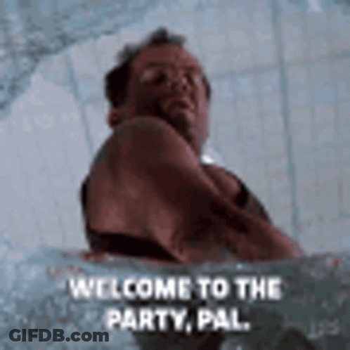 A Man Is Swimming In A Pool With The Words `` Welcome To The Party , Pal '' Written On It . GIF