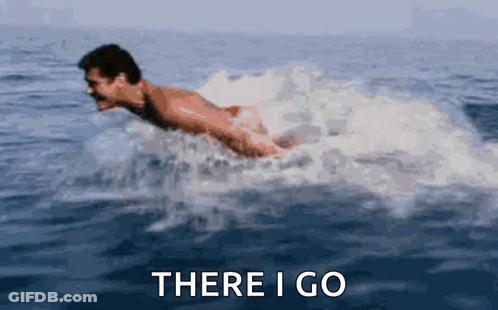 A Man Is Swimming In The Ocean With The Words `` There I Go '' Written Below Him . GIF