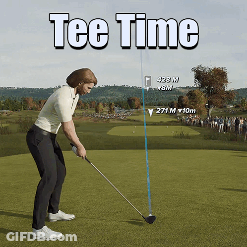 A Man Is Swinging A Golf Club On A Golf Course And The Word Tee Time Is Above Him GIF