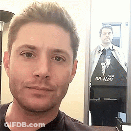 A Man Is Taking A Selfie In Front Of A Mirror With A Picture Of A Man In A Suit . GIF