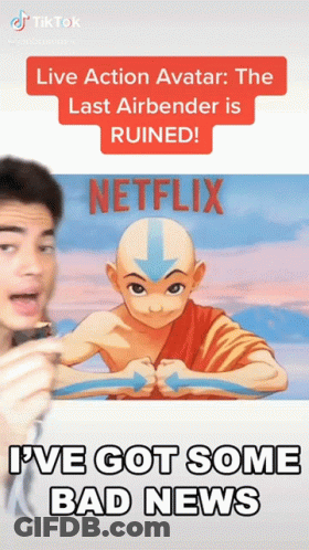A Man Is Talking In Front Of A Picture Of Avatar Aang And Says " I 'Ve Got Some Bad News " GIF