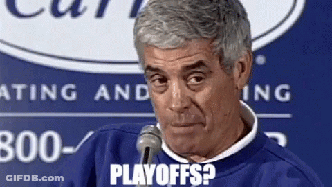 A Man Is Talking Into A Microphone And The Words Playoffs Are Visible On His Face . GIF