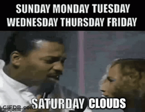 A Man Is Talking Into A Microphone While A Woman Looks On And Says Saturday Clouds . GIF