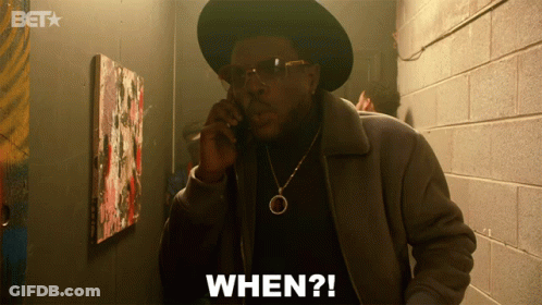 A Man Is Talking On A Cell Phone And The Word When Is On The Screen GIF