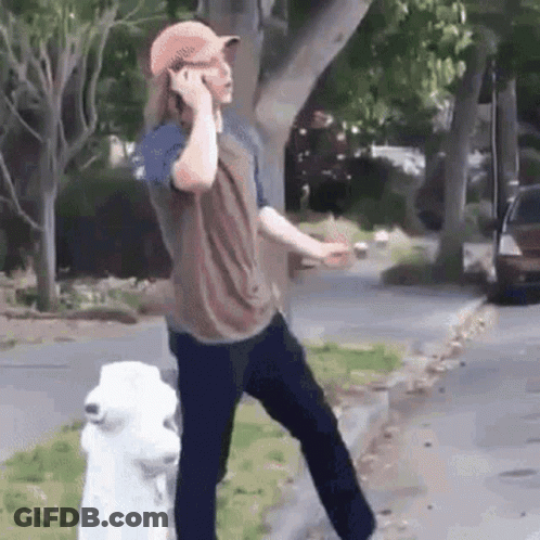 A Man Is Talking On A Cell Phone Next To A Fire Hydrant . GIF