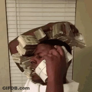 A Man Is Talking On A Cell Phone While Carrying A Stack Of Money On His Head . GIF
