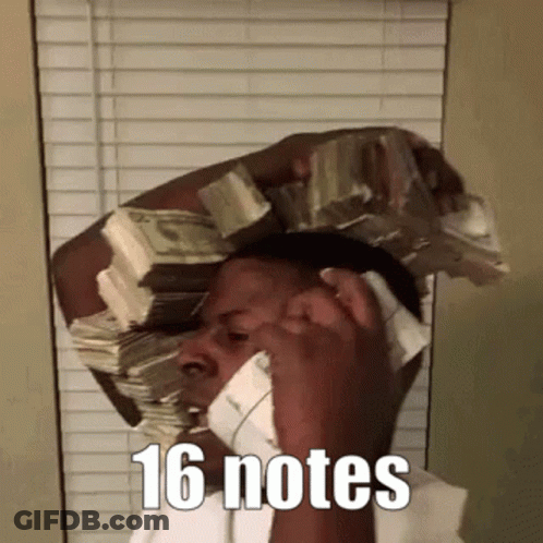 A Man Is Talking On A Cell Phone While Holding A Large Stack Of Money On His Head . GIF