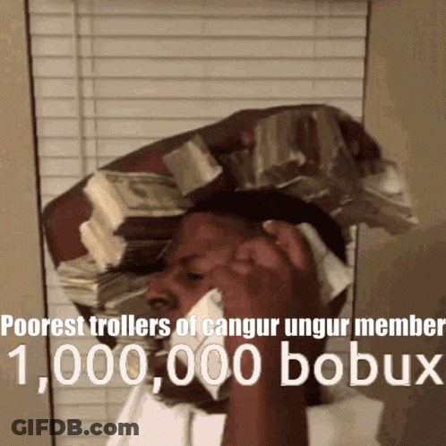 A Man Is Talking On A Cell Phone While Holding A Stack Of Money On His Head GIF