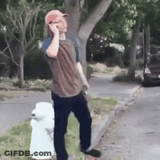 A Man Is Talking On A Cell Phone While Standing Next To A Fire Hydrant On The Side Of The Road . GIF