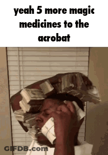A Man Is Talking On A Cell Phone While Wearing A Hat Made Of Money . GIF