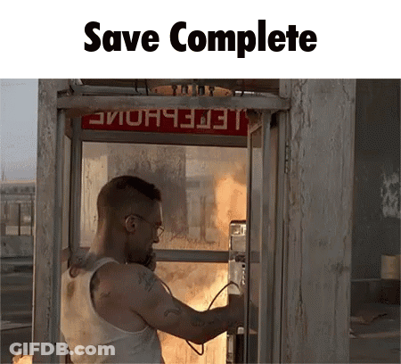 A Man Is Talking On A Phone In Front Of A Phone Booth That Says " Save Complete " GIF