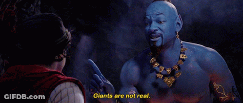 A Man Is Talking To A Blue Genie Who Says " Giants Are Not Real " GIF